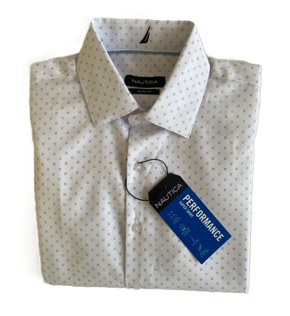 Nautica Dress Shirt Men's 14-14.5 32/33 Performance Slim Fit White Blue Dot NEW